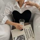Puff-sleeve Ribbed-knit Panel Blouse