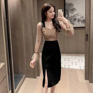 Long-sleeve Dot Mesh Midi Dress