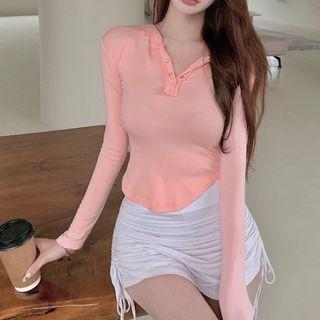 Hooded Long-sleeve Plain Top