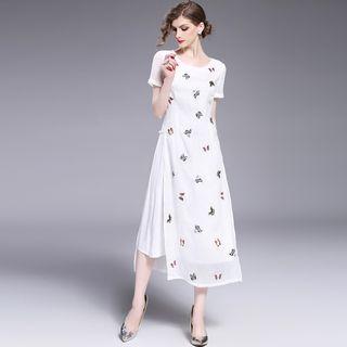 Butterfly Embroidered Short Sleeve Midi Dress