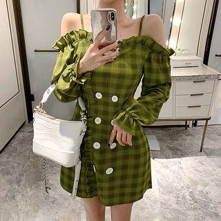 Plaid Ruffled Cold-shoulder A-line Mini Dress