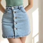 Mid Rise Button-up Denim Mini Skirt