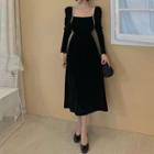 Square-neck Long-sleeve A-line Velvet Dress