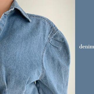 Puff-shoulder Fitted Denim Shirt Blue - One Size