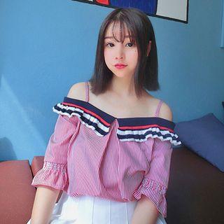 Frill Trim Pinstriped Off Shoulder Elbow Sleeve Top