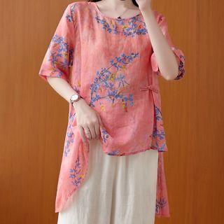 Elbow-sleeve Floral Print Irregular Hem Blouse