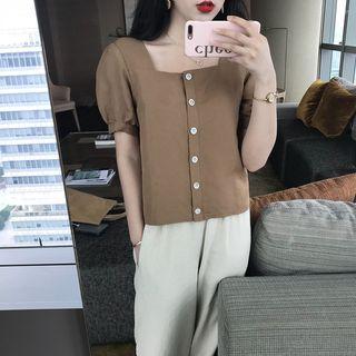 Puff-sleeve Plain Blouse / High-waist Cuff Pants