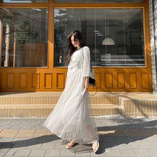 Set: Drawcord-front Knit Top + Inset Tank Top Maxi Mesh Skirt