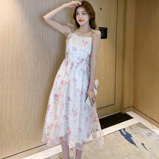 Spaghetti Strap Floral Print Mesh Midi A-line Dress