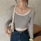 Long-sleeve Cold-shoulder Mock Two-piece T-shirt