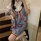 Puff-sleeve Plain Shirt / Flower Print Mini Knit Overall Dress