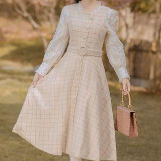 Cropped Double-breasted Checked Jacket / Midi A-line Pinafore Dress / Set