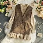 Long-sleeve Mini A-line Dress + Single-breasted Plaid Vest