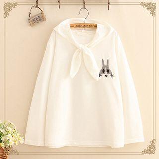 Rabbit-embroidered Tie-neck Hoodie