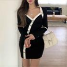 Long-sleeve Contrast Trim Sheath Dress Black - One Size