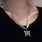 Butterfly Pendant Faux Pearl Alloy Necklace White Faux Pearl - Silver - One Size
