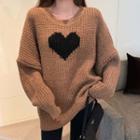 Heart Print Sweater Black Love Heart - Coffee - One Size