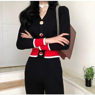 Set: Contrast Trim Cardigan + Plain Straight-cut Pants