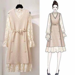 Set: Long-sleeve Midi Lace A-line Dress + Pinafore Dress