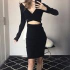 Cut Out Long-sleeve Knit Sheath Dress Black - One Size
