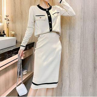 Set: Contrast Trim Cardigan + Midi Fitted Knit Skirt