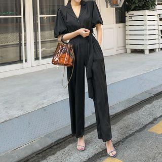 Puff-sleeve Shirtwaist Jumpsuit Black - One Size