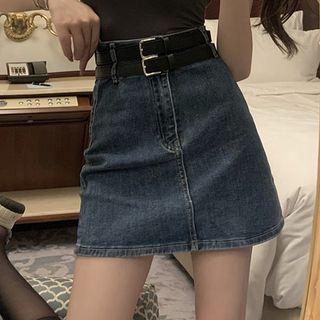 Belted Mini A-line Denim Skirt