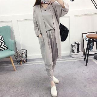 Set: Long Cardigan + Knit Top + Pleated Skirt