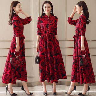Floral Print Mandarin Collar Long Sleeve Midi Dress