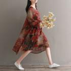 Long-sleeve Floral Midi Chiffon Dress Red - One Size