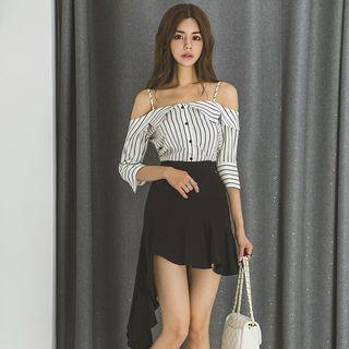 Set: Elbow-sleeve Cold Shoulder Striped Shirt + Mini Skirt