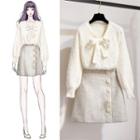 Tie-neck Furry Sweater / Bobble A-line Skirt / Set