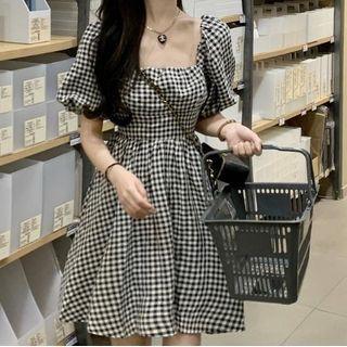 Puff-sleeve Square Neck Plaid Mini Dress Plaid - Black & White - One Size