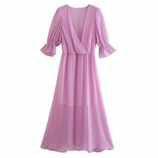 Flare-sleeve Mesh Maxi Dress