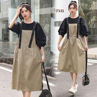 Elbow-sleeve Blouse / Midi Overall Dress / Set