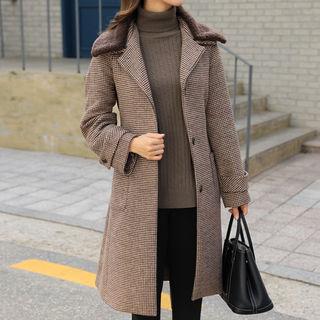 Sherpa-fleece Collar Houndstooth Mac Coat With Sash