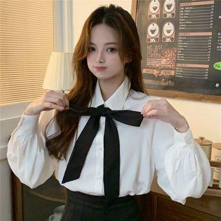 Long-sleeve Bow-neck Shirt White - One Size