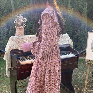 Plain Turtle-neck Long-sleeve Top / Floral V-neck Long-sleeve Dress