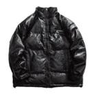 Plain Faux Leather Embossed Padded Jacket