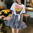 Short-sleeve Print T-shirt / Plaid Tiered Skirt