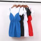 Set: Short-sleeve Top + Spaghetti Strap Mini Dress