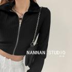 Fleece-collar Zipper Knit Top