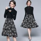 Set: Long-sleeve Knit Top + Embroidered Midi A-line Skirt