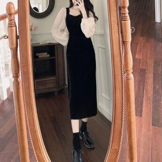Balloon-sleeve Sheath Midi Velvet Dress