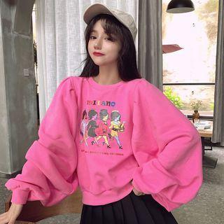 Puff-sleeve Cartoon Print Round Neck Pullover