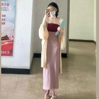 Long Cardigan / Strapless Two-tone Midi Sheath Dress / Set