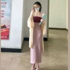 Long Cardigan / Strapless Two-tone Midi Sheath Dress / Set