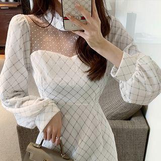 Dotted Mesh Panel Plaid Mini A-line Dress