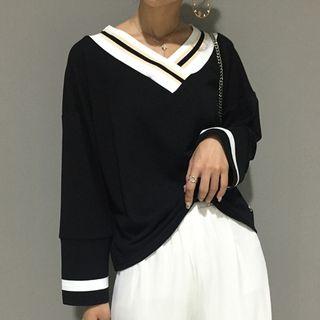 Contrast Trim V-neck Long-sleeve T-shirt