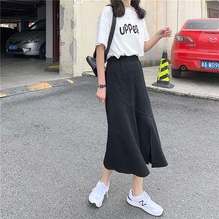 Letter Print Short Sleeve T-shirt / Slit-hem A-line Skirt